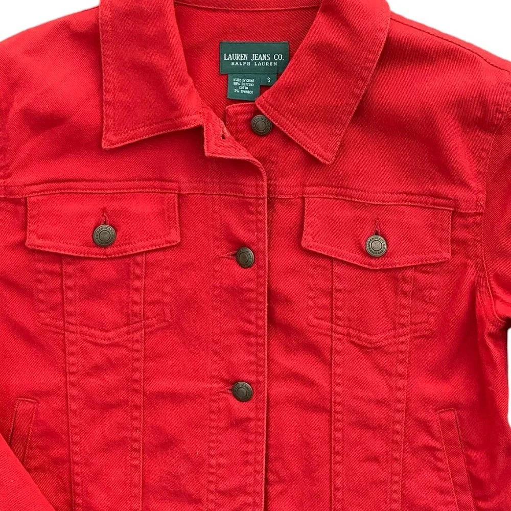 Lauren Jeans Co. Ralph Lauren Y2K Vintage Red Denim Trucker Jean Jacket Preppy-S - Picture 3 of 13
